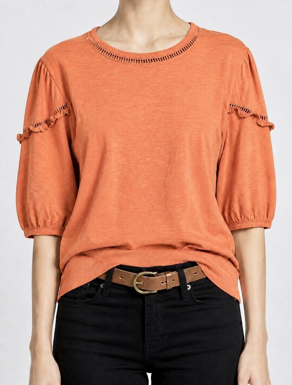 FRYE Knapp Women’s M Crabapple Cotton 3/4 Puff Sleeve Ruffle Crochet Top NWT $98
